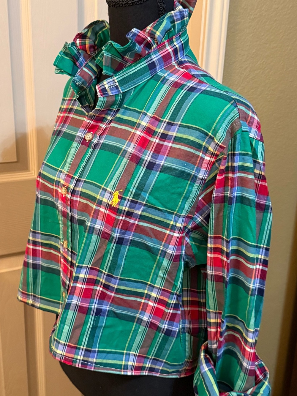 Upcycled Polo Ralph Lauren Green Plaid Button-Up Cropped Shirt - Picture 2 of 7